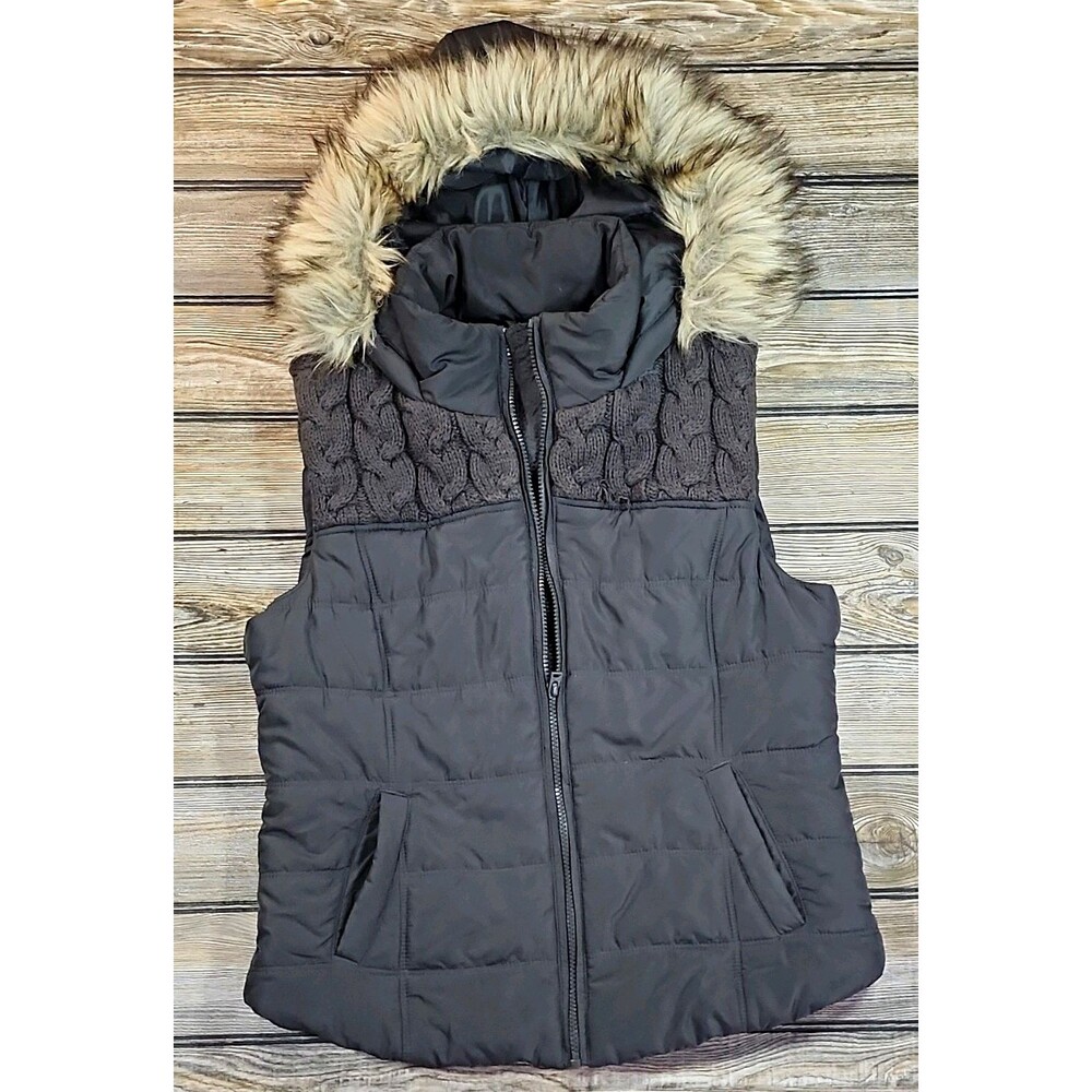 Aéropostale Women's Gray Hooded Faux Fur Trim Full Zip Puffer Vest L/G